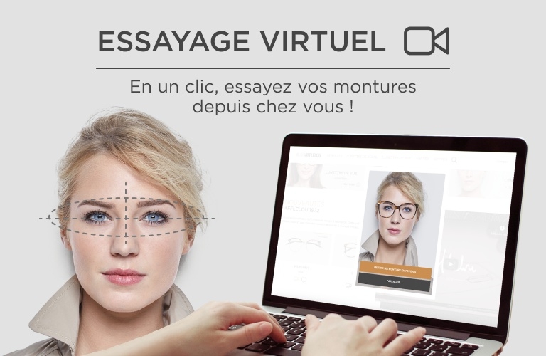 visuel représentant une femme faisant un essayage virtuel sur le site afflelou.com avec un ordinateur